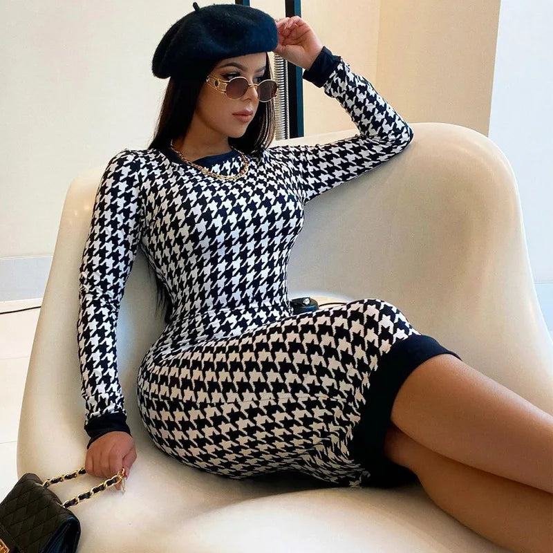Houndstooth Sheath Dress for Women – Long Sleeve Knee-Length Dress