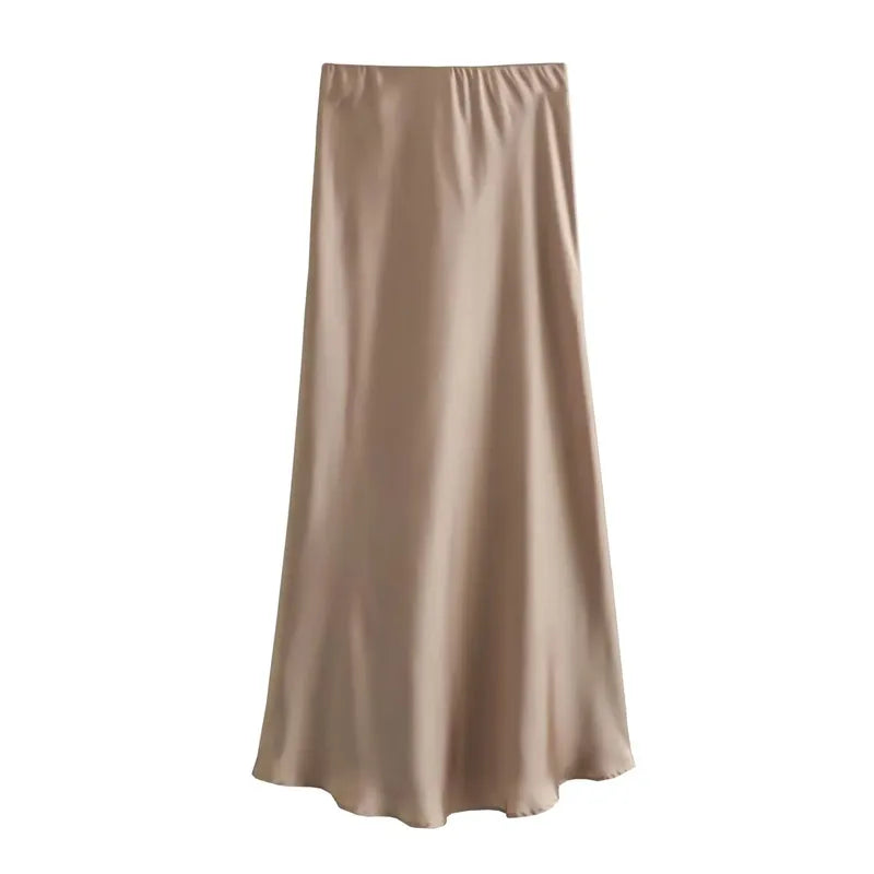Women’s Satin Midi Skirt – High Waist Elegant Office Wear