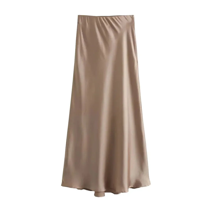 Women’s Satin Midi Skirt – High Waist Elegant Office Wear