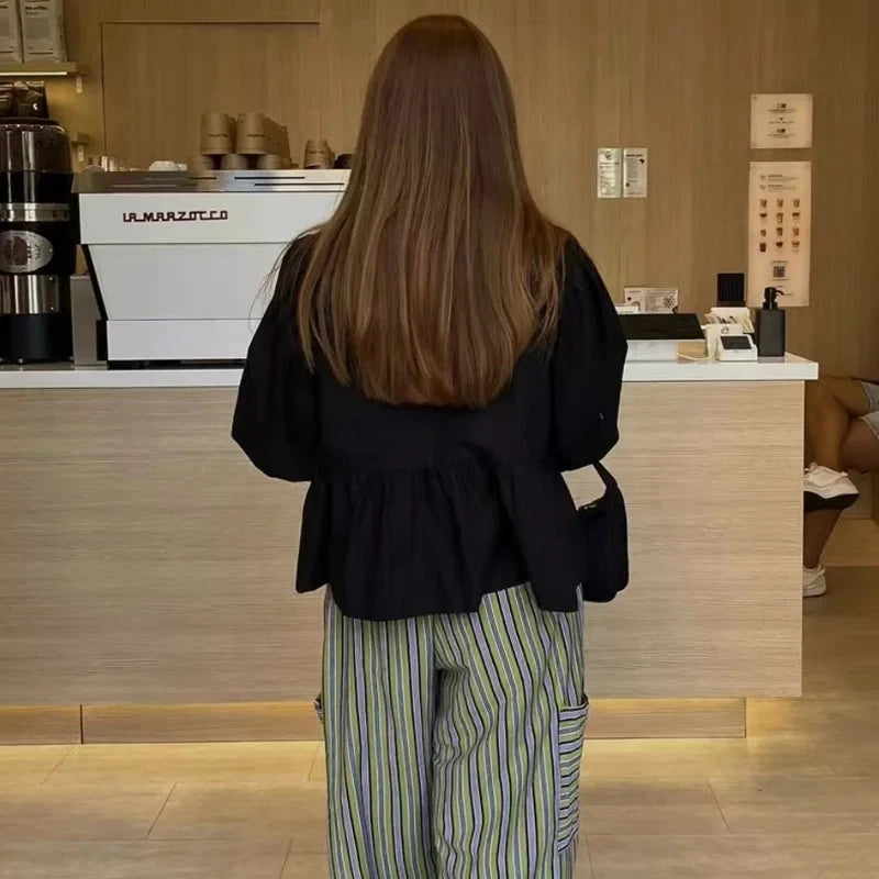 Women's Ruffle Blouse Puff Sleeve Lightweight Chiffon Top