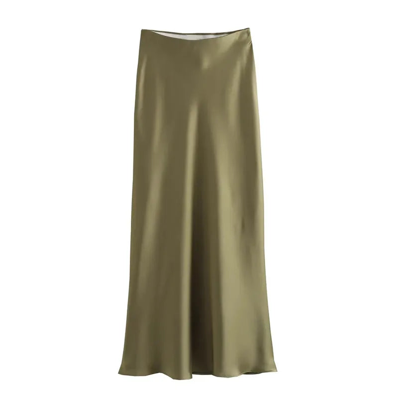 Women’s Satin Midi Skirt – High Waist Elegant Office Wear