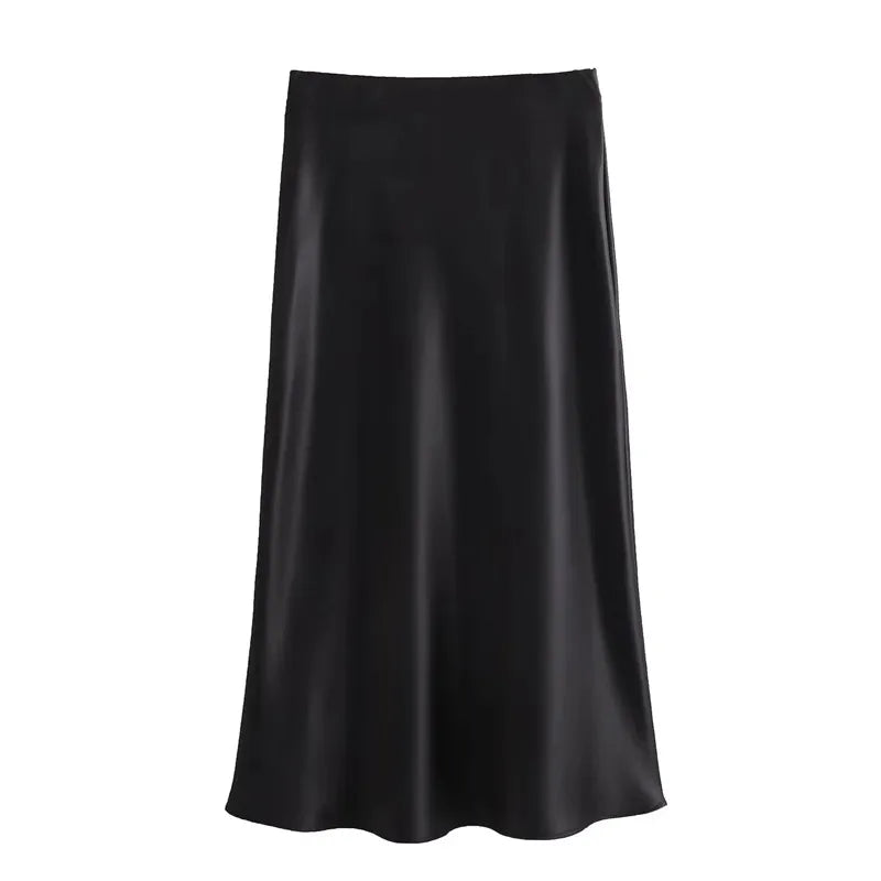 Women’s Satin Midi Skirt – High Waist Elegant Office Wear