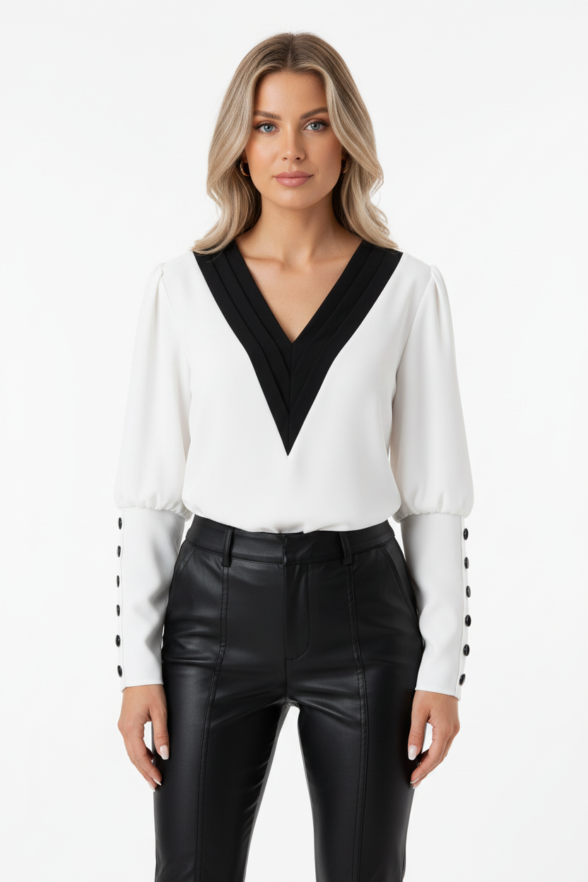 Glow Executive V-Neck Contrast Blouse - Studio 2