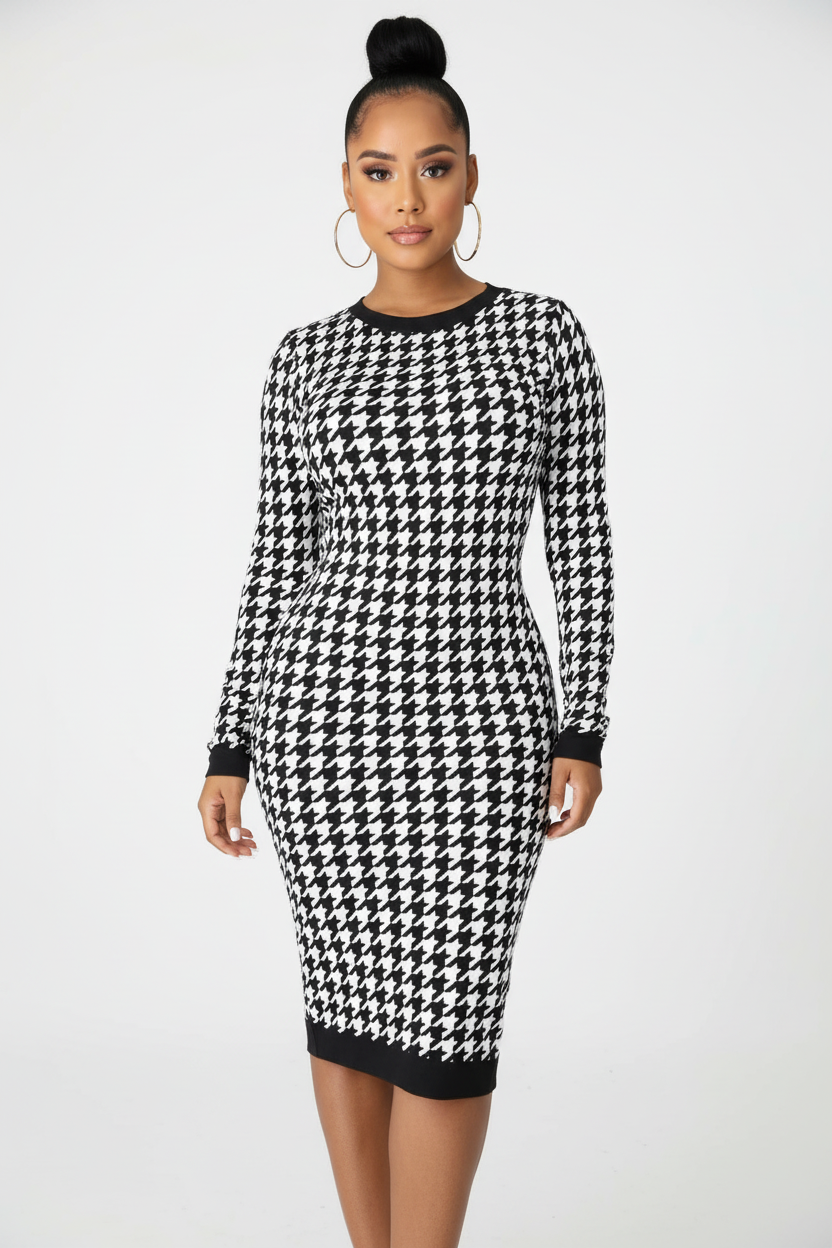 Houndstooth Sheath Dress for Women – Long Sleeve Knee-Length Dress