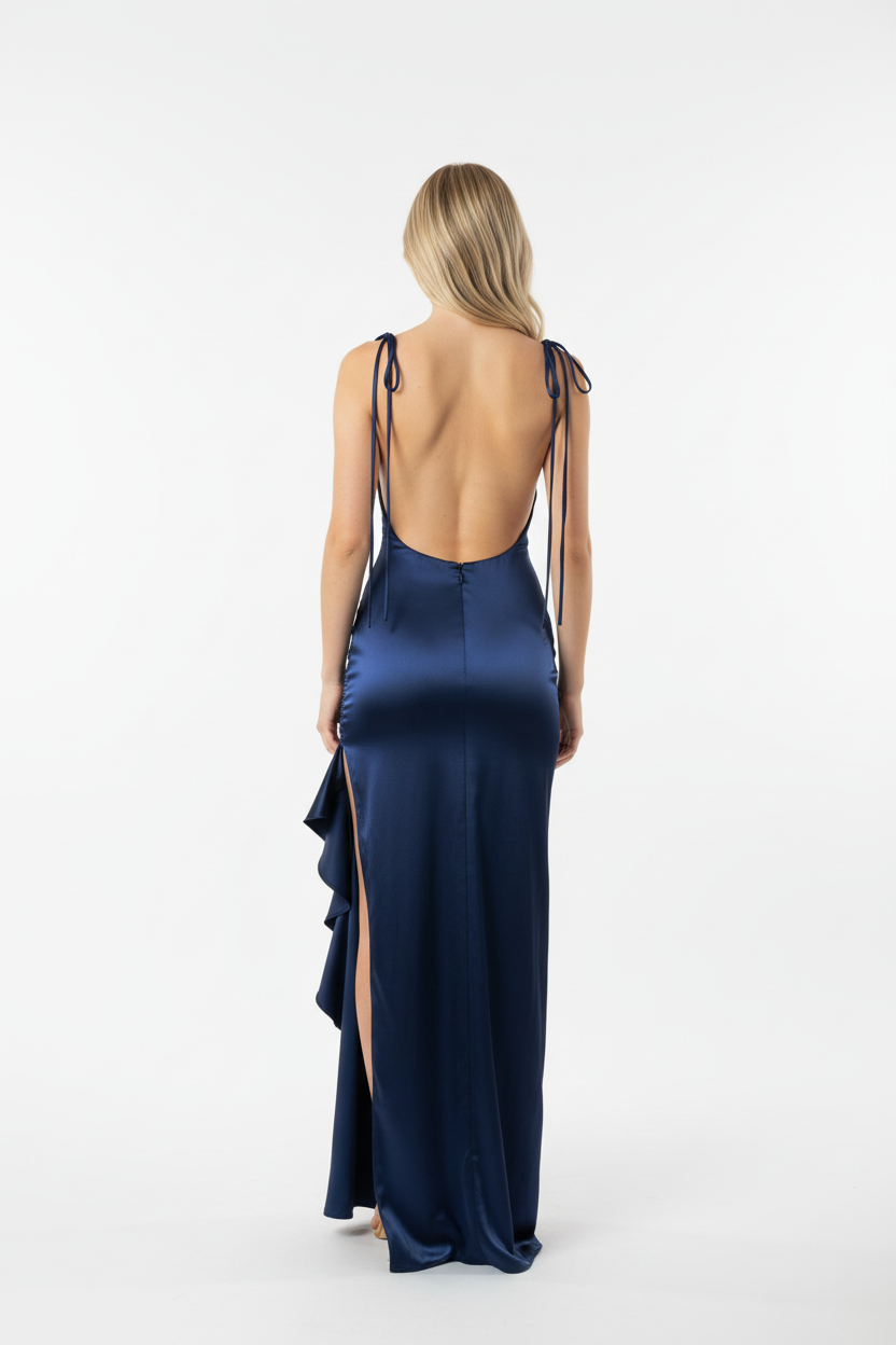 Satin Maxi Dress - Navy Blue - Back View Tied Straps