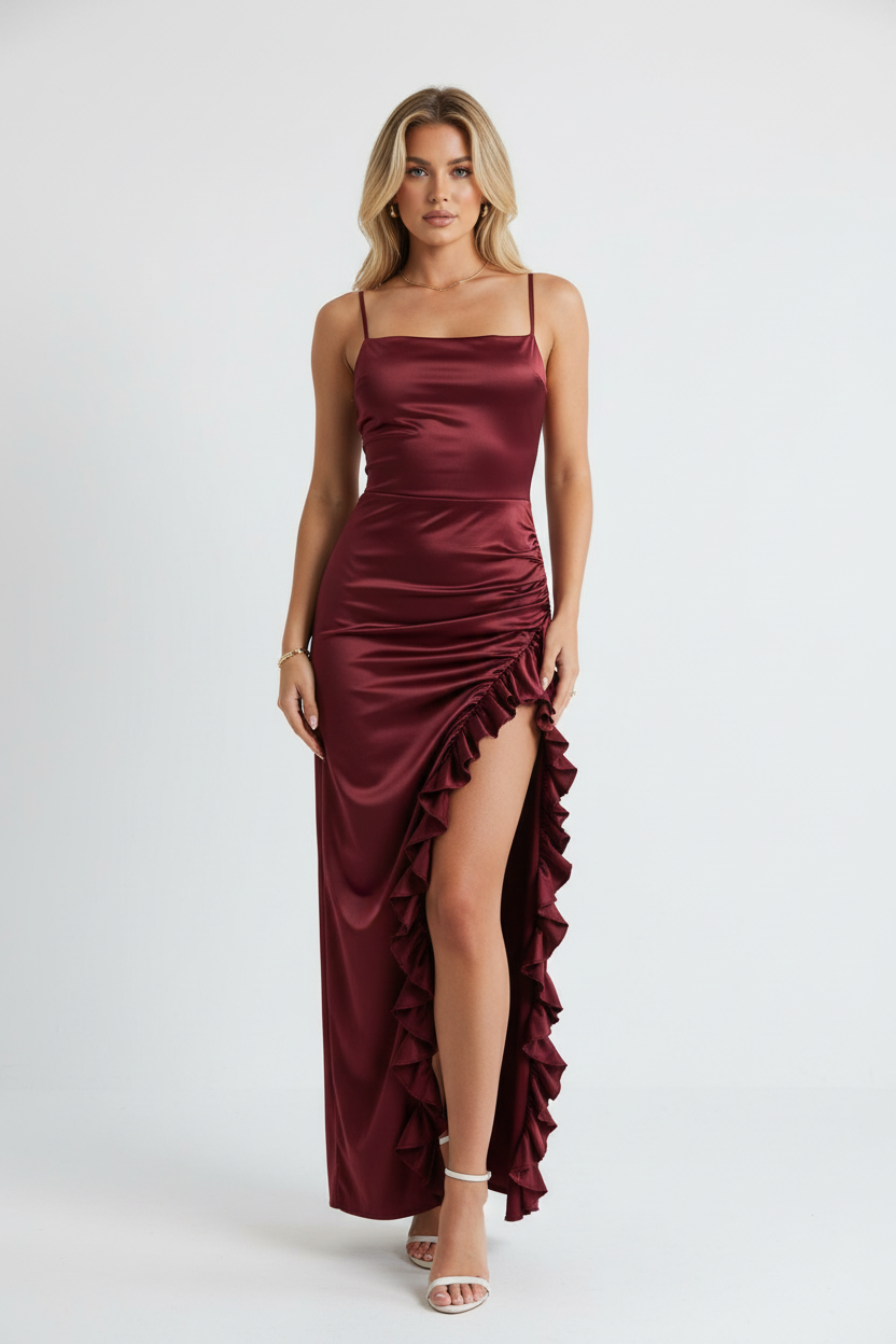 Satin Maxi Dress - Wine Red Revised